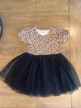 Holly & Bloom Tan Heart Print Puff Sleeve Dress with Black Tulle Skirt